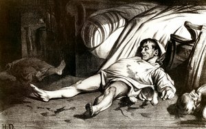 Masakra przy Rue Transnonain 14.04.1834 r.: podczas rzezi wojskowych mieszkańcy budynku 12 Rue Transnonain w Paryżu zatrzymali go po śmierci jednego ze swoich oficerów - Litografia Honore Daumiera (1808-1879) 1837. Zbiory prywatne autorstwa Honoré Daumier