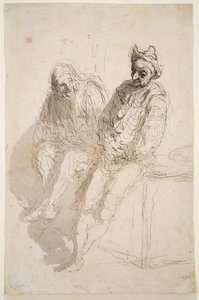 Dwa Saltimbanques, ok. 1865-73 (atrament czarno-szary, szare plamy na papierze) autorstwa Honoré Daumier