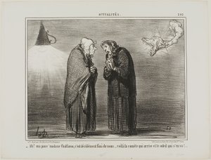 "- Ach, moja droga Madame Chaffarou... to z pewnością musi być koniec... kometa nadchodzi, a słońce zachodzi", płyta 392 z Actualités. autorstwa Honoré Victorin Daumier