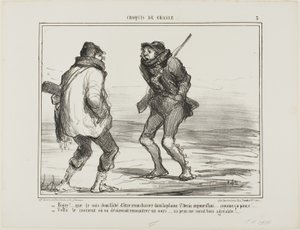 "- Brrrr! Jestem wściekły, że przyjechałem tu polować w St. Denis-Plain. Jest po prostu za zimno!... - Jeden z tych dni, kiedy chciałoby się złapać niedźwiedzia. Jego futro byłoby teraz bardziej niż mile widziane!", płyta 3 z Croquis De Chasse autorstwa Honoré Victorin Daumier