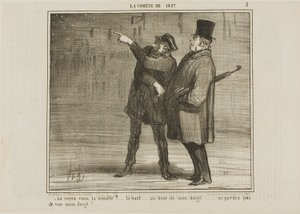 "- Czy widzisz kometę ... tylko tam, na czubku mojego palca ... nie trać z oczu czubka mojego palca!", płytka 5 z La Comète De 1857 autorstwa Honoré Victorin Daumier