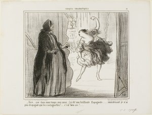 "- Trudno sobie wyobrazić, że w moich czasach również byłem uznanym hiszpańskim tancerzem... teraz tylko moje kastaniety są hiszpańskie... co za draka...", płyta 11 z Croquis Dramatiques autorstwa Honoré Victorin Daumier