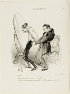 "- Wystarczy, wystarczy, to jest o wiele za ciasne!!! - Ależ skąd, Monsieur, ten materiał pasuje jak ulał!", płytka 5 z Coquetterie autorstwa Honoré Victorin Daumier
