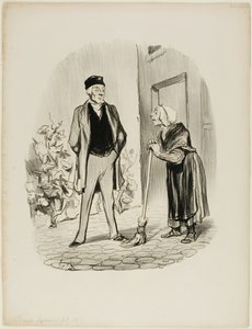 "- Jak się pan dzisiaj czuje, panie Chapolard - Madame Pochet, konsjerżka, która wie, jak się zachować, powinna zwracać się do swojego właściciela tylko w trzeciej osobie. - Jak mogę zwracać się do pana w trzeciej osobie, skoro jest pan pierwszą osobą, któ autorstwa Honoré Victorin Daumier