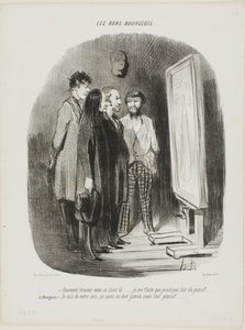 "- Jak znaleźć tam tego świętego.... Starałem się, by nie wyglądał zbyt konwencjonalnie.... Mieszczanin: - Zgadzam się, święty nigdy nie powinien wyglądać na niedbałego", płyta 80 z Les Bons Bourgeois. autorstwa Honoré Victorin Daumier