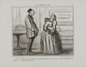 "- Nie boję się o siebie, ale kiedy myślę o biednym Azorze, który zginie 13 czerwca... to po prostu łamie mi serce", płyta 8 z La Cométe De 1857. autorstwa Honoré Victorin Daumier