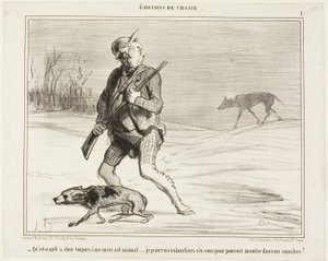 "- Zastanawiam się, dlaczego ta bestia cały czas mnie śledzi... Z radością zapłacę 6 sous za wskoczenie do autobusu", płyta 1 z Émotions De Chasse autorstwa Honoré Victorin Daumier