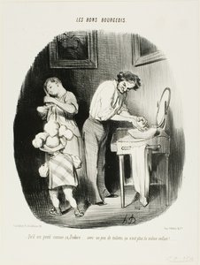 "- Czyż nie jest uroczy, Dodore... po odrobinie sprzątania nie jest już tym samym dzieckiem! ...", płyta 37 z Les Bons Bourgeois autorstwa Honoré Victorin Daumier