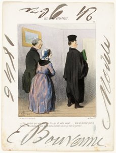 "- Czy to nie cudowne mieć syna, który jest prawnikiem... co za zaszczyt dla rodziny.... Adolfie, chcę, żebyś był tak ubrany przez cały dzień!...", płyta 21 z Les Bons Bourgeois. autorstwa Honoré Victorin Daumier