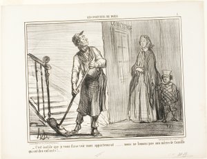 "- Nie ma sensu pokazywać ci mojego mieszkania. Nie wynajmujemy matkom z dziećmi", płyta 1 z Les Portiers De Paris autorstwa Honoré Victorin Daumier