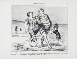"- Madame Prudhomme, nie spieszmy się, przypomnijmy sobie, że godność powinna przewodzić wszystkim aktom życia... sama godność odróżnia człowieka od reszty zwierząt", płyta 2 z Croquis Aquatiques. autorstwa Honoré Victorin Daumier