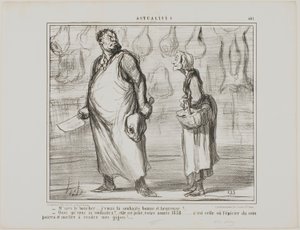 "- Panie rzeźniku, życzę panu szczęśliwego i zdrowego Nowego Roku... - Co To będzie ładny rok, ten 1858... każdy sklep spożywczy za rogiem będzie mógł sprzedać moją baraninę!..", płyta 481 z Actualités. autorstwa Honoré Victorin Daumier