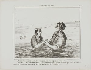 "- Mr.Lifeguard.... czy to prawda, że w Dieppe są rekiny - Oczywiście... ale to całkiem proste... jak tylko zobaczysz jednego, który chce cię zjeść, wszystko, co musisz zrobić, to położyć się bokiem. Nie zje cię ze strachu przed zadławieniem się na śmierć" autorstwa Honoré Victorin Daumier
