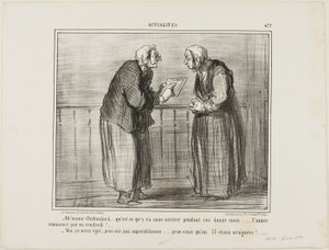 "- Och, Madame Chaboulard, zastanawiam się, co wydarzy się w nadchodzących dwunastu miesiącach... Nowy Rok zaczyna się w piątek! ... - Nie obchodzi mnie to, nie jestem przesądny... Wierzę tylko w liczbę 13 i w pająki!", płyta 477 z Actualités autorstwa Honoré Victorin Daumier