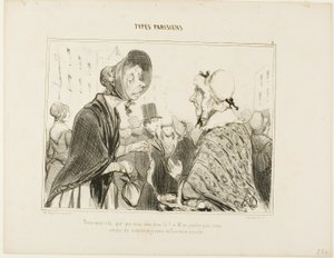 "- O, tu jesteś..... co tam masz ..... - Nie rozmawiajmy o tym.... mamy gości, a ja właśnie zrobiłam zakupy", płyta 6 z Types Parisiens. autorstwa Honoré Victorin Daumier