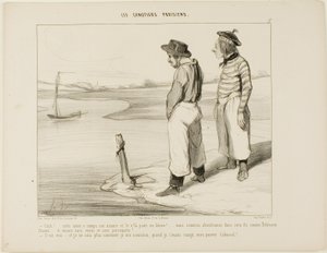 "- Nasza łódź puściła kotwicę i odpłynęła.... utknęliśmy na tej samotnej wyspie jak Robinson Crusoe... bez niczego do jedzenia i bez papugi.... - To prawda.... i naprawdę nie wiem, co zjeść, kiedy już cię pożrę, biedny Cabassol!". autorstwa Honoré Victorin Daumier