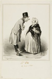"- No tak, to prawda, córka Mame Chopin wyszła wczoraj za mąż za syna Duranda. Właśnie rozmawiałem z tym młodym człowiekiem i z tego, co mi powiedział (w pełnym zaufaniu), musiała mieć przed nim kilku dziwnych...", płyta 6 z Les Parisiens autorstwa Honoré Victorin Daumier