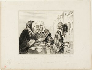 "- Co za zamieszanie robi ta kwaśna gęba z piątego piętra! Nosi kapelusz tylko po to, żeby kupić dwie filiżanki mleka za jednego sou! - Och, Madame Capitaine, czyż nie jesteśmy dziś fantazyjni...", płyta 36 Types Parisiens autorstwa Honoré Victorin Daumier