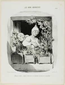 Wzorowe małżeństwo: Przez trzydzieści lat kultywowali cnotę i goździki, płyta szósta z Les Bons Bourgeois. autorstwa Honoré Victorin Daumier