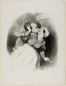 Powrót młodości. "Krzycz ile chcesz, ty mały diable.... mojej żony nie ma w domu.... wyrywaj mi włosy do woli!", płyta 50 z Les beaux Jours de la vie. autorstwa Honoré Victorin Daumier