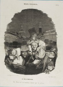 Podczas pokazu sztucznych ogni. Ojciec jest koniem pociągowym, zapewnionym przez naturę, płyta 33 z Moeurs Conjugales i płyta 14 w Actualités autorstwa Honoré Victorin Daumier