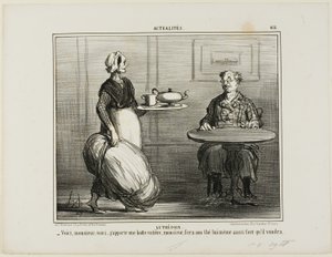 Herbata ziołowa. "- Proszę bardzo, Monsieur, pomyślałem, że przyniosę całą paczkę siana, abyś mógł sam zdecydować o sile swojej herbaty", mówi tabliczka 416 z Actualités. autorstwa Honoré Victorin Daumier