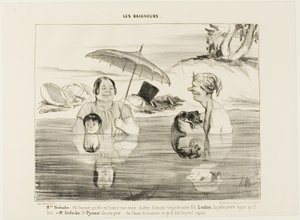 Madame Greluche: "Och, Gustave, jak dobrze! Prawdziwe kojące ciepło! Spójrz na naszego syna Loulou; jaką ma słodką minkę!". Pan Greluche: "A Pyramus boi się, boi się jak pies. Gdybyś tylko wiedział, co on teraz robi, ten mały łobuz", płyta 4 z Les autorstwa Honoré Victorin Daumier
