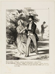 Monsieur Arthur: "Och Pamelo! Płonę miłością do ciebie!" Mąż zielarz: "- Malwa... z rodziny Malvaceae... środek uspokajający.... Nie wierzę, że mój przyjaciel Arthur ma ten okaz w zielniku, o którego zbudowanie mnie poprosił". autorstwa Honoré Victorin Daumier
