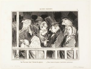 Paryżanie oczekujący dobrej zabawy. Stojąc w kolejce przez dwie godziny przed każdym teatrem w mieście, płyta 1 z Les Bons Parisiens autorstwa Honoré Victorin Daumier