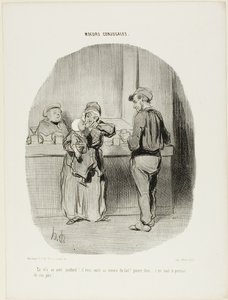 "Regularny mały pijak!.. połyka to jak mleko! Biedne maleństwo... jest taki jak jego ojciec!", płyta 42 z Moeurs Conjugales. autorstwa Honoré Victorin Daumier