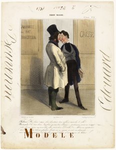 Robert: "No, no! Mój drogi dyrektorze... jak tam interesy" Bertrand: "- Dobrze, bardzo dobrze, jestem całkiem zadowolony. Niestety nie mamy ani grosza na kontynuację! - O cholera! - Ale pewien inwestor wciąż jest nam winien 200.000 franków... i zgłosi się  autorstwa Honoré Victorin Daumier