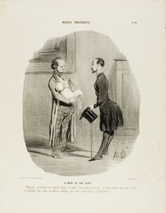 Mąż Bluestocking. "Monsieur, moja żona jest natchniona od rana: nie sposób jej zobaczyć. Jak pan widzi, muszę poświęcić całą moją uwagę owocowi naszej ostatniej współpracy!", płyta 46 z Moeurs Conjugales. autorstwa Honoré Victorin Daumier