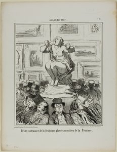 Niezadowolenie z rzeźby umieszczonej pośrodku wystawy obrazów, płyta 5 z Salonu De 1857 autorstwa Honoré Victorin Daumier