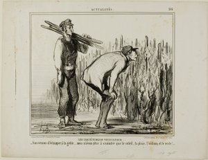 Zmartwienia plantatora winorośli. "- Uciekliśmy przed mrozem....., teraz musimy martwić się tylko słońcem, deszczem, pleśnią winorośli i całą resztą...", płyta 397 z Actualités autorstwa Honoré Victorin Daumier