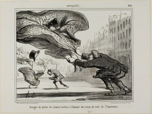 Niebezpieczeństwo noszenia spódniczek z obręczami podczas nagłej wiosennej burzy, płytka 26 z La Crinolomanie autorstwa Honoré Victorin Daumier