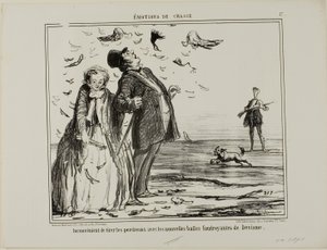 Wada strzelania do młodych kuropatw za pomocą nowych wybuchowych pocisków Devisme, płyta 17 z Émotions De Chasse autorstwa Honoré Victorin Daumier