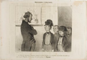 Uczniowie Instytutu Pascareau wypróbowują swój nowy mundurek szkolny, który sprawia, że wyglądają trochę jak wielki Napoleon, a bardzo jak mali gazeciarze, płyta 25 z Professeurs Et Moutards autorstwa Honoré Victorin Daumier