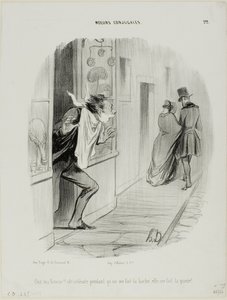 "Idzie moja żona!!! Och, nieszczęśnica, podczas gdy ja się golę, ona robi ze mnie rogacza!", płyta 22 z Moeurs Conjugales. autorstwa Honoré Victorin Daumier