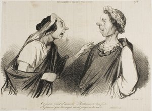 "Twoja ręka przychodzi, by zabić Britannicusa, twego brata. Przewiduję, że twoje ciosy wkrótce uderzą w twoją matkę", płyta 7 z Physionomies Tragico-Classiques autorstwa Honoré Victorin Daumier