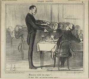 "Czy Monsieur chciałby naleśniki... - Musiał być przedsiębiorcą pogrzebowym", talerz piąty z Croquis Parisiens (Szkice paryskie) autorstwa Honoré Victorin Daumier