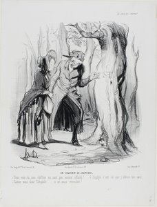 Młodzieńcze wspomnienia. "- Widzisz, nasze listy nie zostały jeszcze wymazane... och Sophie, to tutaj zdobyłem twoje serce. - Trzymaj język za zębami, Théophile.... jeśli ktoś nas usłyszy!", płyta 49 z Życia małżeńskiego. autorstwa Honoré Victorin Daumier