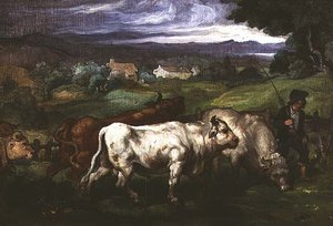 Bydło i poganiacz w krajobrazie autorstwa Honore (circle of) Daumier