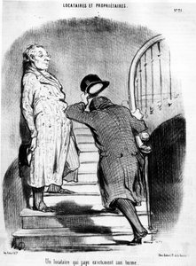 Lokator, który płaci dokładnie swoją kadencję, zaczerpnięty z serialu animowanego „Tenants et Owners” Honore Daumiera (1808-1879). „Charivari” autorstwa Honoré Daumier