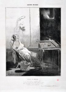 Grafika Honore Daumier (1808-1879) Charivari pochodzi z 1842 roku: Serie HISTORIE ANCIE Les Nuits de Penelope „” Z jej spooux nieobecnego uroczego profilu, Wieczna ze słodkimi oczami lśniła jak gwiazda Cel utkania trzech lat i jej przebiegłości i jego siec autorstwa Honoré Daumier