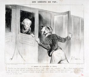 Grafika: Honore Daumier (1808-1879). Charivari pochodzi z 1843 roku: Serie LES RAILWAYS Niebezpieczeństwo zaśnięcia podczas podróży „” -Obudź się Panie i wysiądź z samochodu! - Gdzie jedziemy? - Ale Rouen parbleu! - W Rouen i ja, którzy chcieliśmy pojechać autorstwa Honoré Daumier