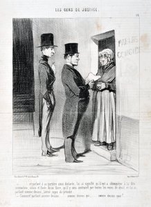 Grafika: Honore Daumier (1808-1879). Charivari pochodzi z 1845 roku: Serie LES PEANS DE JUSTICE „” -... i przemawiając w jego drzwiach tak zadeklarowany, miał na myśli, że musi przestrzegać wspomnianego podsumowania, w przeciwnym razie i zaniechania tego b autorstwa Honoré Daumier
