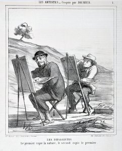 Grafika: Honore Daumier (1808-1879). Charivari pochodzi z 1865 roku: Serie LES ARTISTS Les paysagistes. „Pierwszy kopiuje naturę, drugi kopiuje pierwszą”” MUSEE DES BEAUTS ARTS - PALAIS LONGCHAMP, MARSEILLE autorstwa Honoré Daumier