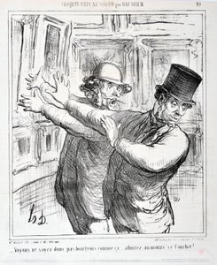 Grafika: Honore Daumier (1808-1879). Charivari pochodzi z 1865 r.: Serie szkiców zrobionych w salonie „” -Nie bądźmy burżujami w ten sposób... podziwiaj przynajmniej tego Courbeta! „” MUZEUM SZTUK PIĘKNYCH – PAŁAC LONGCHAMP, MARSEILLE autorstwa Honoré Daumier
