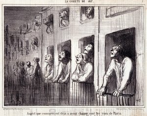 Kreskówka o nauce. Serie Sur „” la Comete de 1857””: „”Aspekt, który zaczyna się już każdej nocy na ulicach Paryża””. Grawerowanie autorstwa Honore DAUMIER (1808-1879). Wyciąg z gazety „Le Charivari””. Wymiary 38x25cm. Inv D - box 7 Marsylia, autorstwa Honoré Daumier