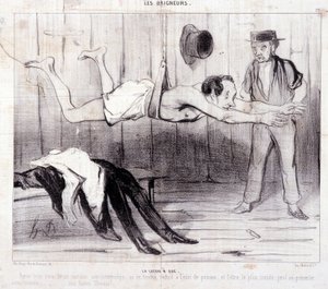 Kreskówka o turystach na wakacjach. Seria "Les Baigneurs": "La lecon a dry". Seria "Les Baigneurs": "La lecon a dry". Rycina autorstwa Honore DAUMIER (1808-1879). Fragment z gazety "Le Charivari". Dim 25x36cm box 12 Marseille, Musee autorstwa Honoré Daumier